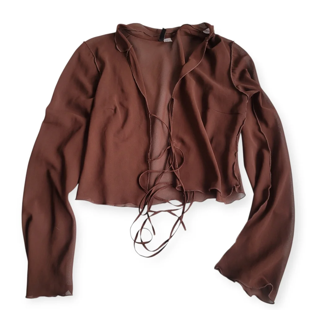 Sheer Tie-Front Blouse For Layering Chocolate Brown Medium Fairy Grunge H&M - Picture 2 of 11